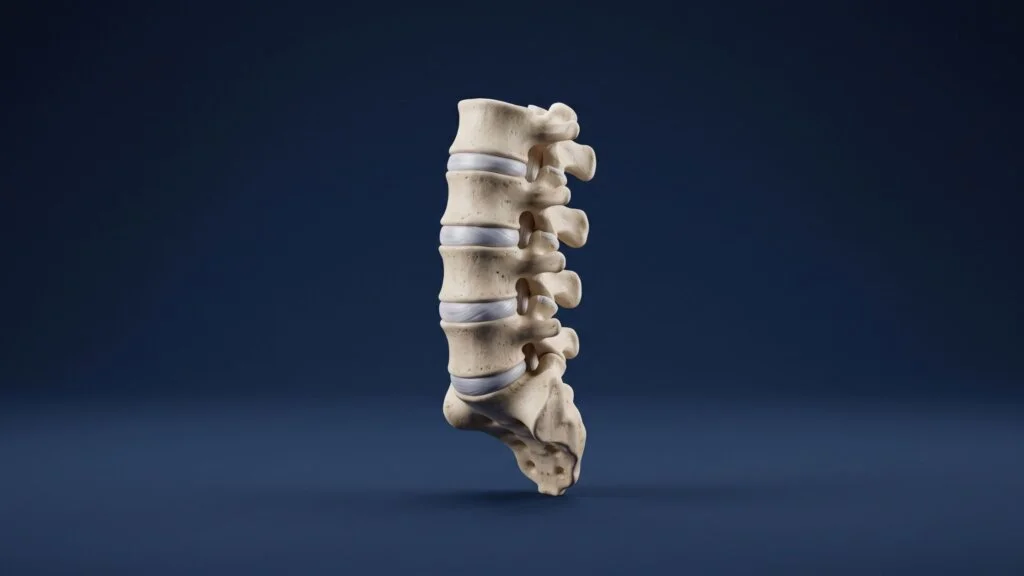 Modelo anatômico tridimensional detalhado da coluna lombar humana e do osso sacro, isolado em um fundo azul-escuro com iluminação suave de estúdio.