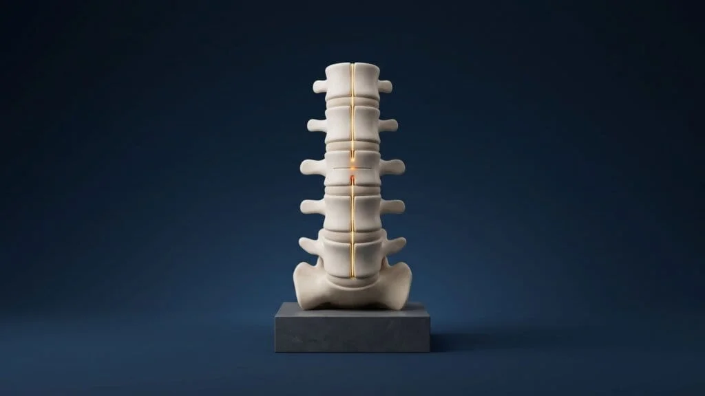 Representação 3D de um modelo anatômico de coluna vertebral sobre pedestal cinza com estímulo luminoso central de neuromodulação.