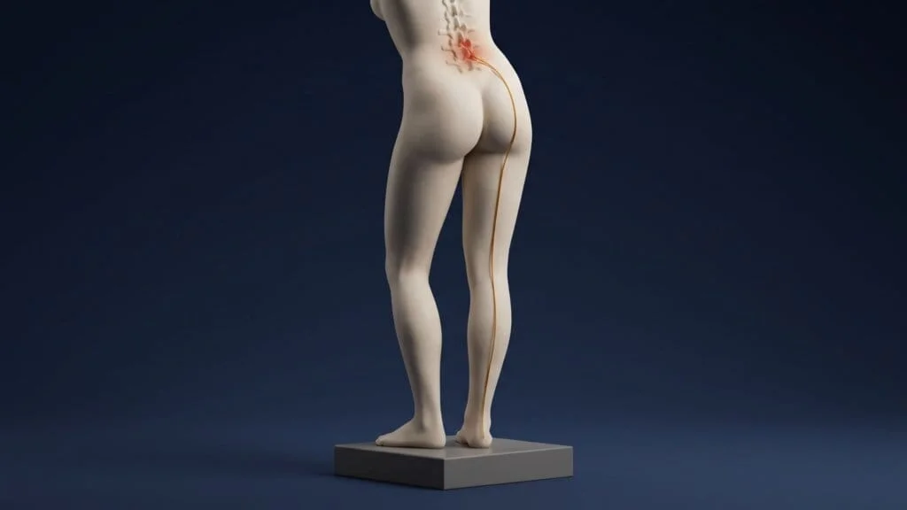 Escultura minimalista de uma figura humana vista de costas, com destaque em vermelho na região lombar e uma linha dourada acompanhando o trajeto da dor pela nádega e pela parte posterior da perna até o pé, sobre fundo azul-marinho.